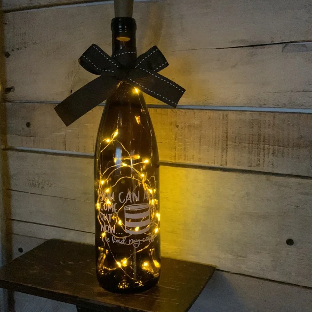 OOAK, Hand Crafted- Coffee logo brown Wine Bottle lantern